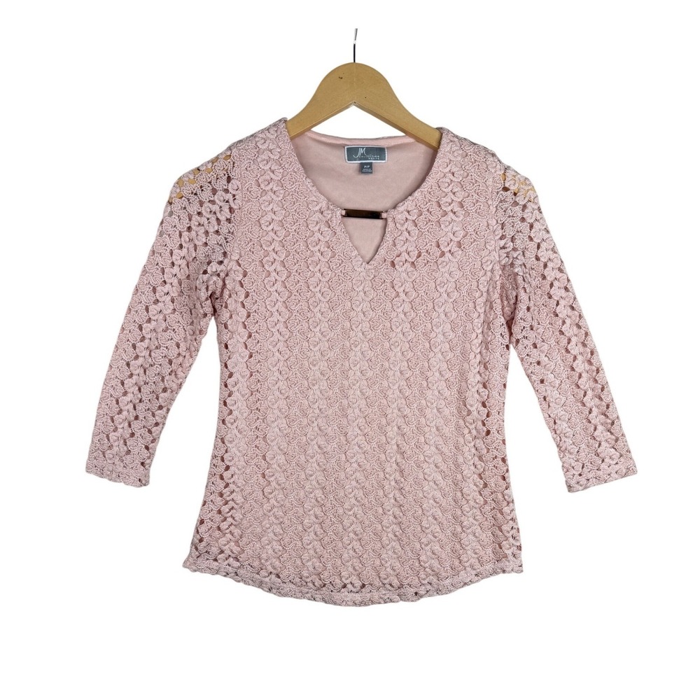 JM Collection Crochet-lace Keyhole Long Sleeve Blouse size Small Petite Pink